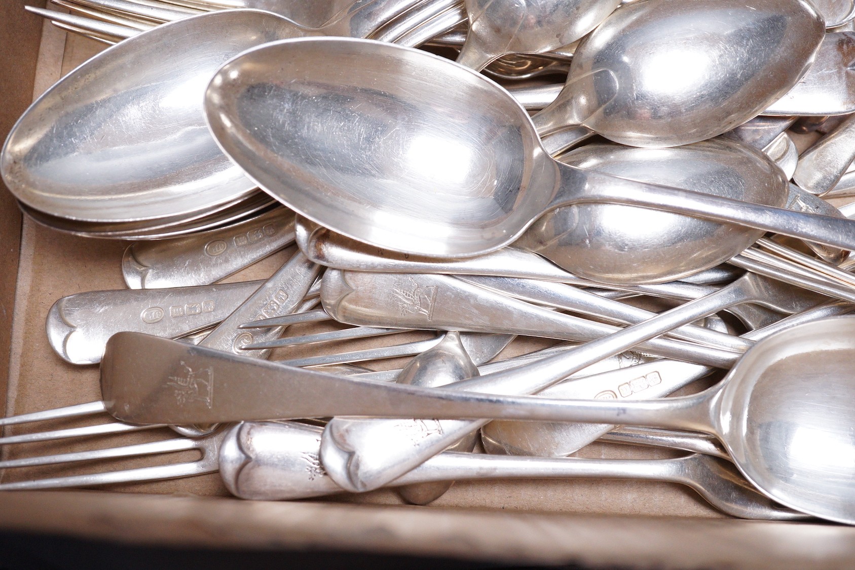 Forty five items of Edwardian silver Old English pattern flatware by John Round & Sons, Sheffield, 1904, one other silver teaspoons and two plated spoons
